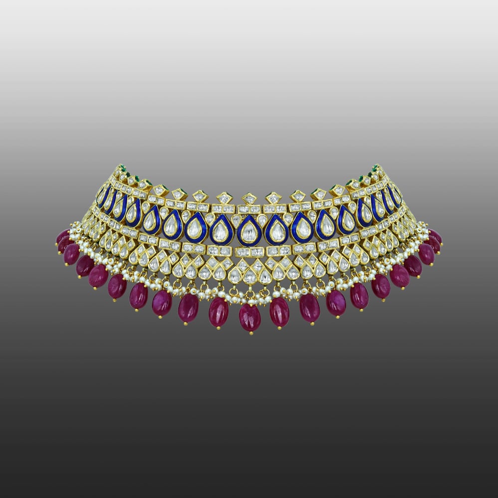 Regal Polki Choker with Blue Enamel and Ruby Tumbles